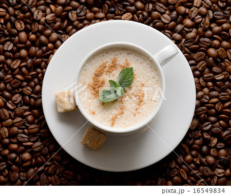 white coffee cup with mint and brown sugar white coffee cup with mint and brown sugar 16549834