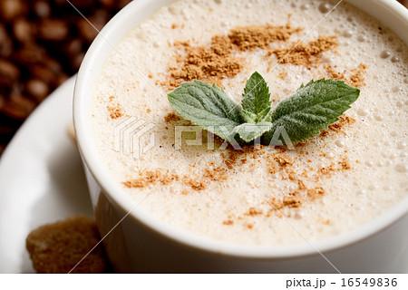 white coffee cup with mint and brown sugar white coffee cup with mint and brown sugar 16549836