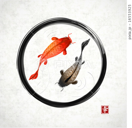 Black enso zen circle with red and black koi carps 16553925