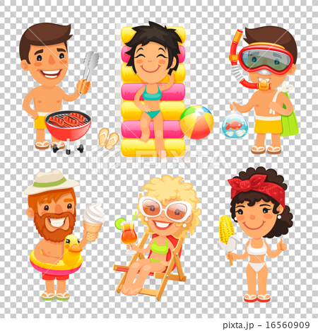 Happy Cartoon Characters on the Beach - Stock Illustration [16560909] -  PIXTA