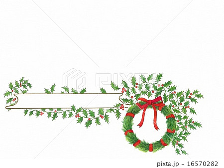 小切手サイズに赤リボンのクリスマスリースとヒイラギの葉を絡ませたヨコ文字入れ可能な枠のイラスト素材