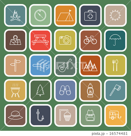 Camping line flat icons on green background 16574481