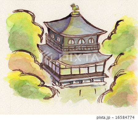 初秋の銀閣寺 手描きイラストのイラスト素材