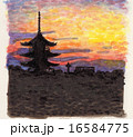 法観寺八坂の塔　五重塔　夕焼け　手描きイラスト 16584775
