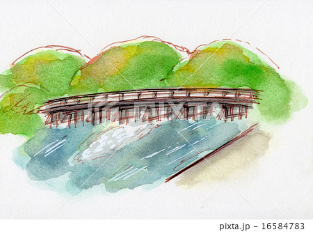 京都嵐山 渡月橋 手描きイラストのイラスト素材