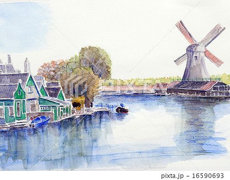 ザーンセ・スカンスの風車のスケッチ　風力発電　自然エネルギー 16590693