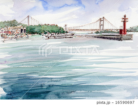 瀬戸大橋と下津井港を描いた手書きスケッチのイラスト素材 [16590697