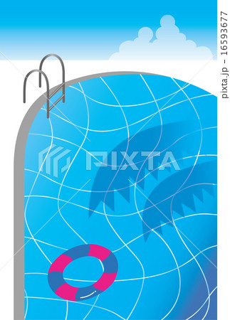 浮き輪が浮かぶプールサイドのポストカードのイラスト素材