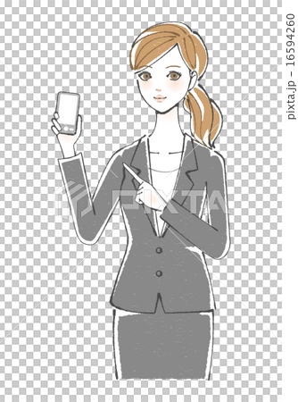 Illustration of a woman in a suit (pointed at a cell phone) 16594260