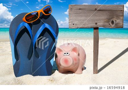 Pink piggy bank and wooden Signboard 16594918