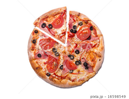 Top view of delicious pizza with ham and tomatoes Top view of delicious pizza with ham and tomatoes 16598549