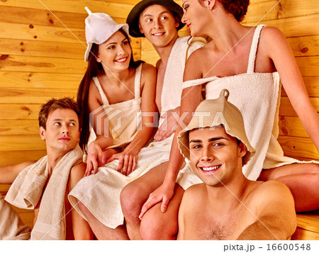Group people in Santa hat  at sauna. 16600548