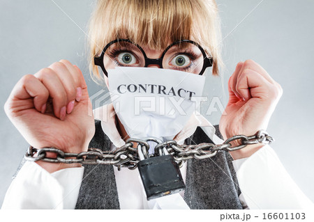 Furious woman with chained hands and contract 16601103