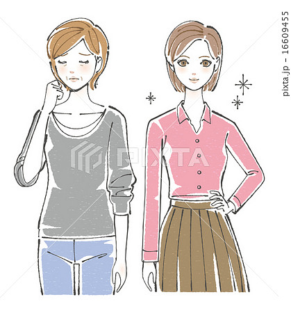 肌トラブルを抱えた女性と美肌女性イラスト 16609455