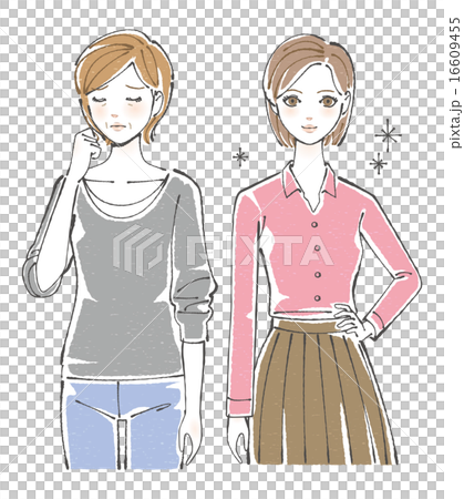 肌トラブルを抱えた女性と美肌女性イラスト 16609455