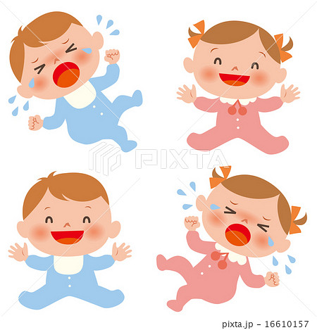 笑顔と泣き顔の男女赤ちゃん4種セットのイラスト素材