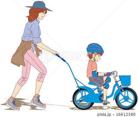 4 初めての自転車練習 お母さん まだ手を離さないでね 左側面 のイラスト素材