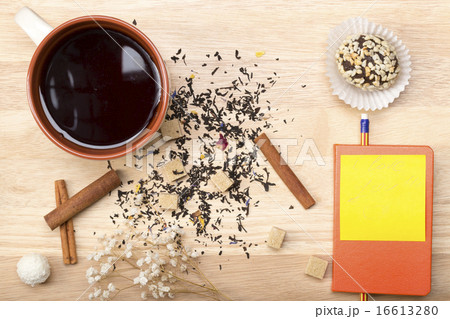 Breakfast tea with cake. Notebook, pencil and sticker Breakfast tea with cake. Notebook, pencil and sticker 16613280