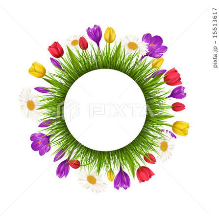 Circle frame with green grass and flowers on white Circle frame with green grass and flowers on white 16613617