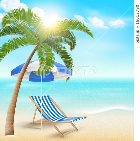 Beach with palm cloud sun umbrella and beach chair 16613790