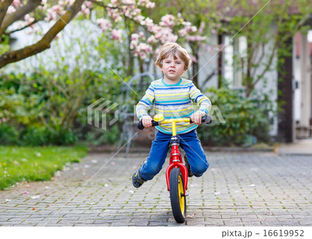 Beautiful toddler child driving his first bike or laufrad Beautiful toddler child driving his first bike or laufrad 16619952