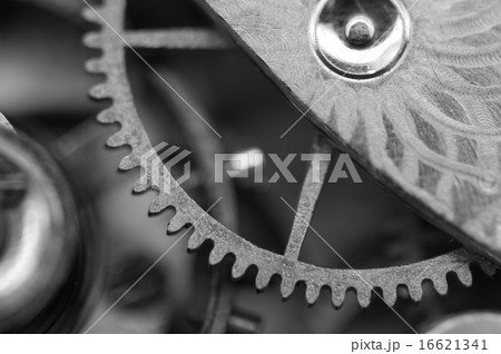 Black white metal cogwheels a clockwork. Macro 16621341