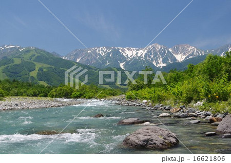 長野県白馬村 姫川上流の松川の清流と初夏の白馬三山遠望 長野県白馬村 姫川上流の松川の清流と初夏の白馬三山遠望 16621806