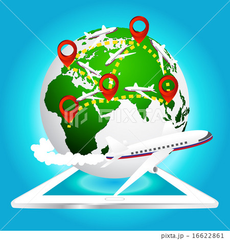 airplane around world, pin on tablet, map by NASA 16622861
