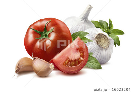 Tomato, basil leaves, garlic cloves 2 isolated 16623204