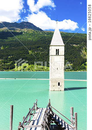 tower of sunken church in Resia lake, South Tyrol 16625058