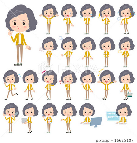 黄色ジャケットパンツ中年女性のイラスト素材