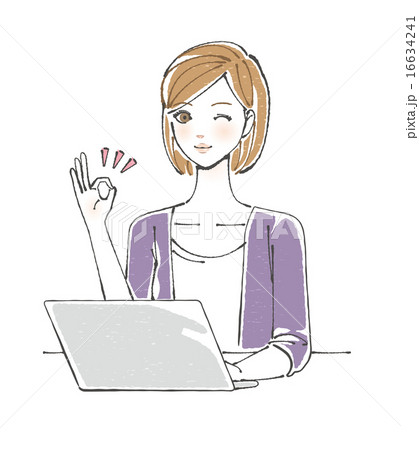 パソコンの前でOKサインを出す女性イラスト 16634241