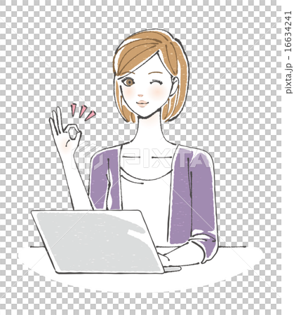 パソコンの前でOKサインを出す女性イラスト 16634241