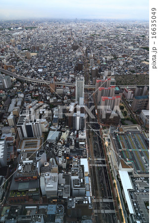 あべのハルカスより見る夜明けの大阪「あべの筋」と阪神高速14号松原線、長居陸上競技場 16635049