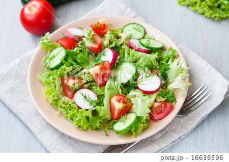 Tomato and cucumber salad with lettuce leafes Tomato and cucumber salad with lettuce leafes 16636596
