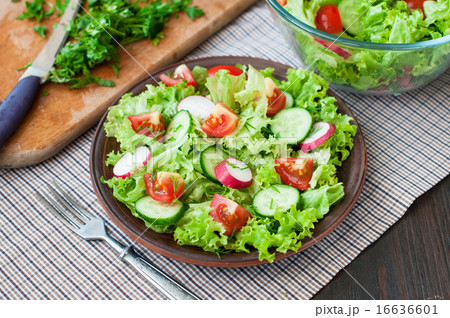 Tomato and cucumber salad with lettuce leafes Tomato and cucumber salad with lettuce leafes 16636601