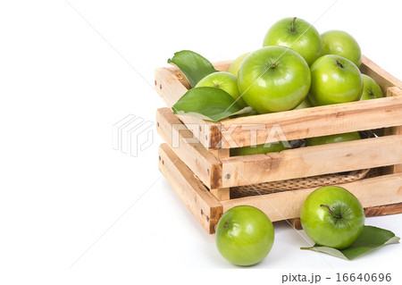 Green Monkey apple or jujubes in wooden crate 16640696