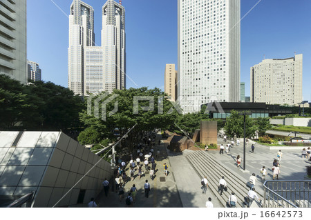 日本最大級のビジネス街 朝の表情 新宿高層ビル街 通勤する人々の写真素材