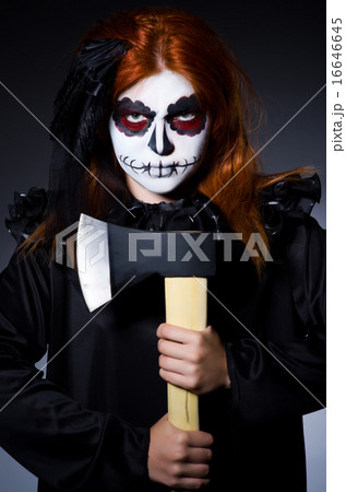 Woman monster with axe in dark room 16646645
