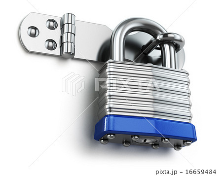 Padlock hanging on lock hinge. Security concept. 16659484