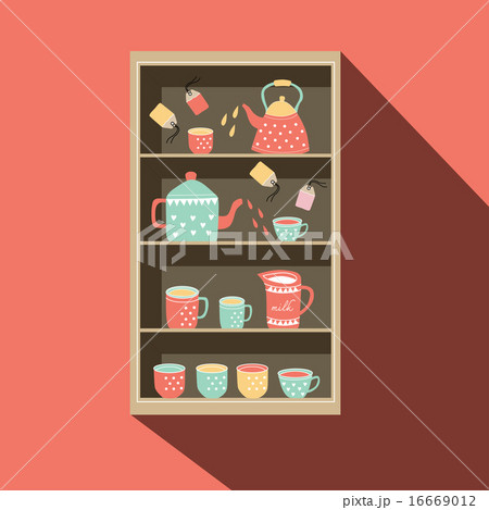 Shelf with tea pot and tea cup illustration 16669012