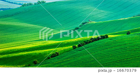 Panorama of Moravian rolling landscape with hunting tower shack 16670379