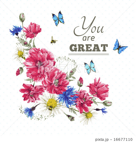 Beautiful gentle watercolor vintage summer vignette with red poppies, blue butterflies and ladybird 16677110