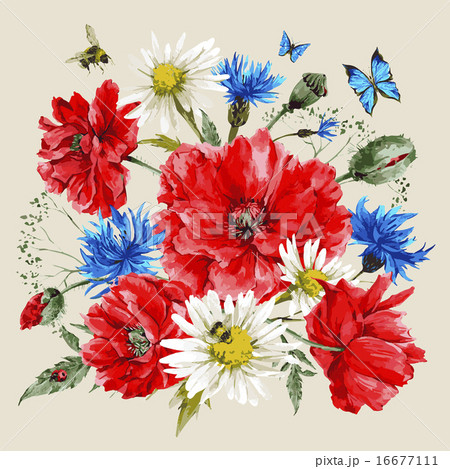 Vintage watercolor bouquet of wildflowers, poppies daisies cornflowers 16677111