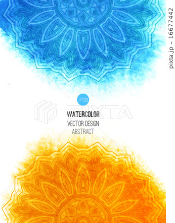 Orange watercolor brush wash with pattern - round doodle tribal elements.  16677442