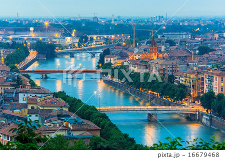 River Adige and bridges in Verona at night, Italy 16679468