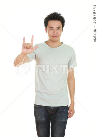 man in t-shirt with hand sign I love you 16679741