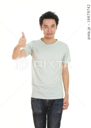 man in blank t-shirt with thumbs up 16679742