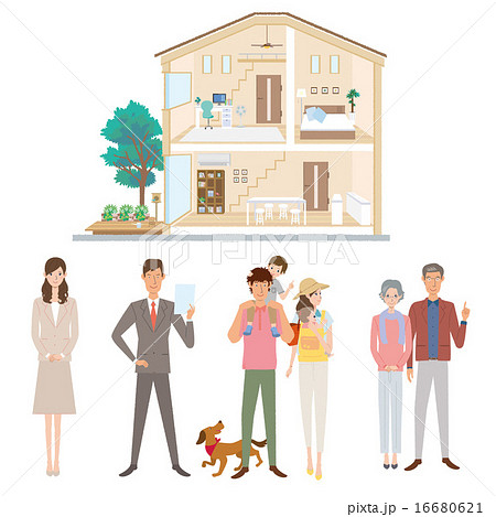 住宅 断面図 家 イラスト 人物のイラスト素材