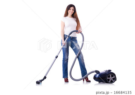 Young woman with vacuum cleaner on white Young woman with vacuum cleaner on white 16684135